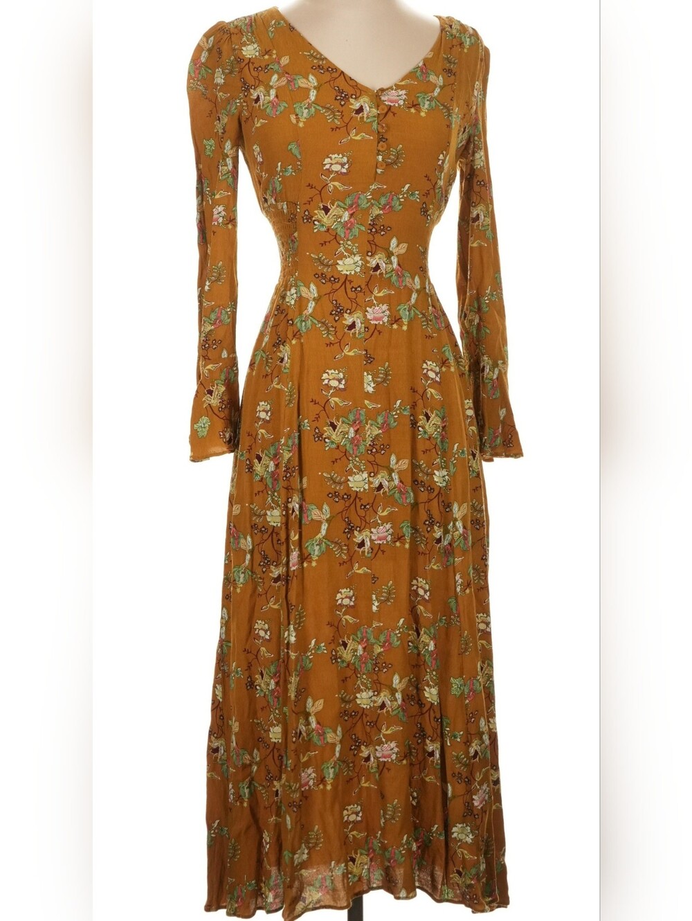 ❤️ 2/$60 a Loves a Mustard Yellow Ochre  Floral Long Sleeve Midi Dress Size XS